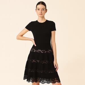 Valentino Flared Stretch Lace Trim Short Sleeve Dress Black 8